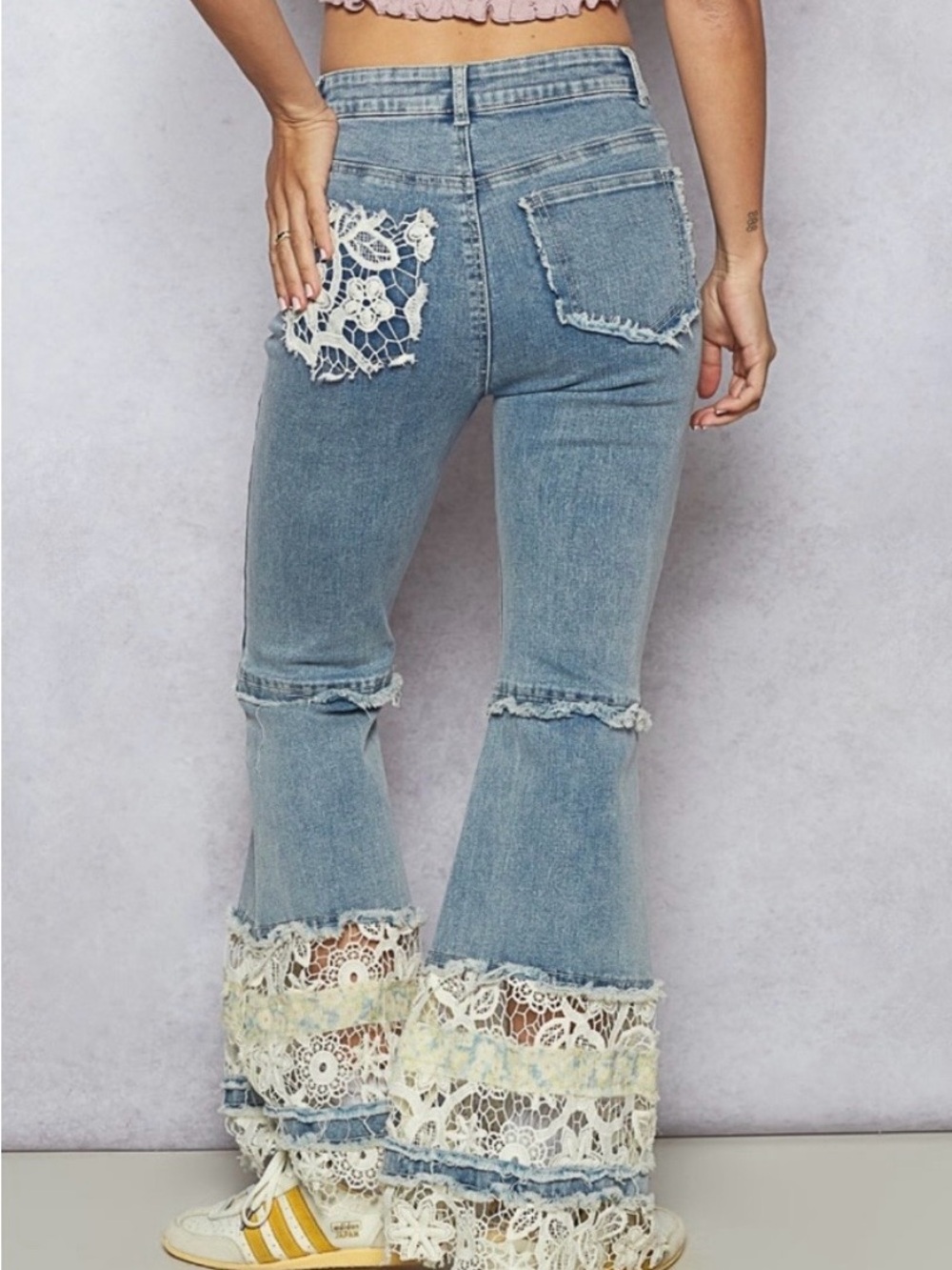 POL Light Blue Lace-Trim Flare Jeans